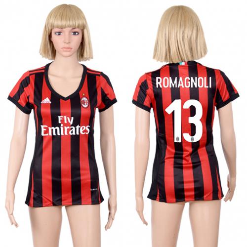 Women's AC Milan #13 Romagnoli Home Soccer Club Jersey - Click Image to Close
